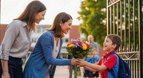 A young schoolboy happily giving a bouquet of colorful flowers to his teacher outside the school gate as his mother looks on with a smile