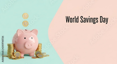 Piggy bank with coins with savings concept for World Savings Day on pastel background.