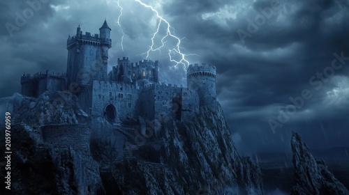 Fortress silhouette looms over a treacherous rock formation while a bright bolt of lightning illuminates the turbulent night sky.
