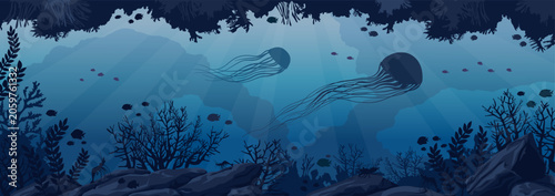 Underwater cave with jellyfish, coral and fishes. Vector illustration with marine life. Seascape image.