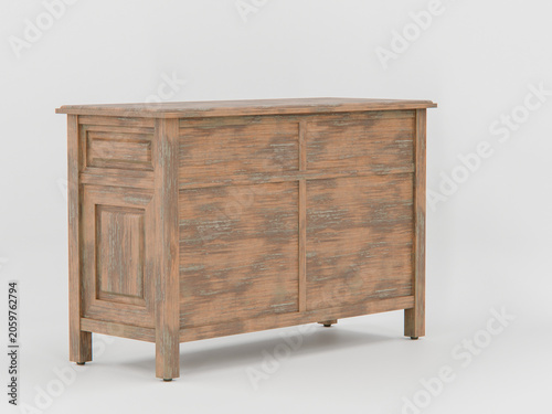 Wooden cabinet with rustic charm and metal handles. Natural grain and weathered finish give vintage appeal. Three drawers and four doors offer ample storage.