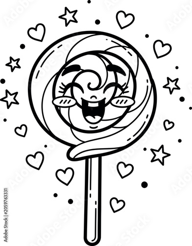 Charming kawaii lollipop character line art illustration with stars and hearts for sweet treat branding
