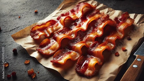 Video of several strips of crispy cooked bacon arranged on a piece of brown parchment paper. The bacon is golden brown