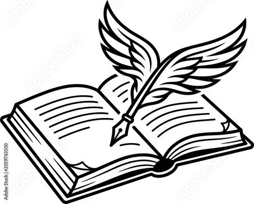Inspirational writing symbol with quill pen and open book