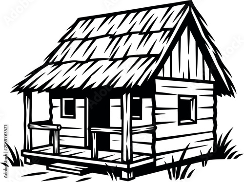 A black and white illustration of a small wooden cabin with a thatched roof and porch
