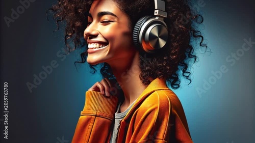 Video of side profile a joyful woman with curly hair wearing large over ear headphones and a vibrant orange jacket. She is smiling with her eyes closed in natural motion