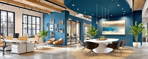 Modern open-plan office interior with collaborative meeting area, desks and lounge seating