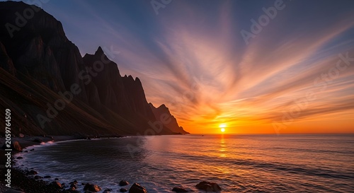 Dramatic sunset over jagged mountains and sea with long exposure, Vestrahorn, and Iceland.