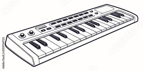 Photos Detailed line drawing of an electronic synthesizer keyboard with multiple keys b