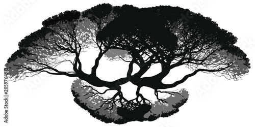 Foto Wide black silhouette of a sprawling banyan style tree with complex interlocking