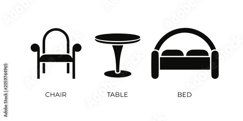 Cuadro en lienzo Elegant black furniture silhouette set including a curved armchair round pedesta