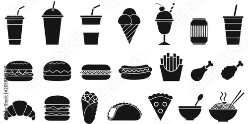 Εκτύπωση καμβά Black silhouette fast food and beverage icon set featuring burgers pizza and sna