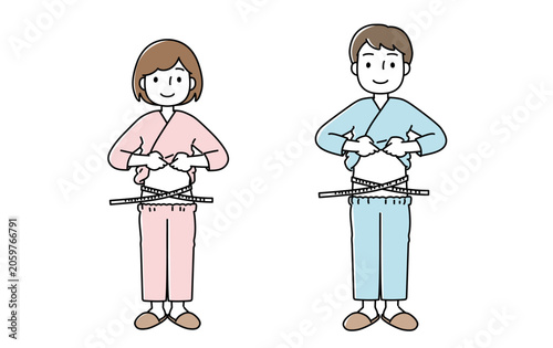 検査着を着て腹囲を測る男女のイラスト