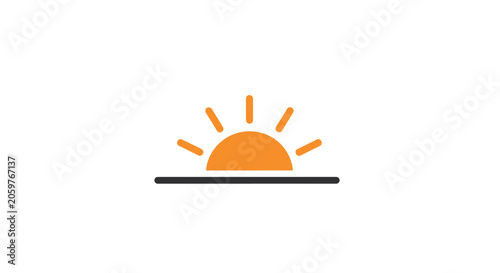Minimalist Sunrise Icon: Orange Sun and Rays above a Horizon Line on White Background