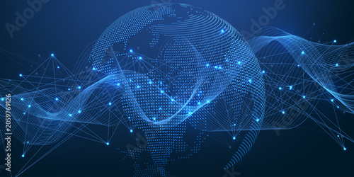 Global network connection concept. Big data visualization. Social network communication in the global computer networks. Internet technology. Business. Science. Vector illustration