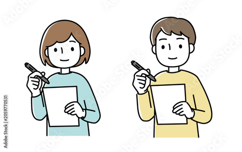 用紙に書き込む男女のイラスト
