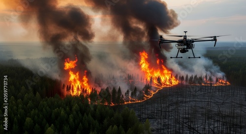 Drone captures forest fire with smoke and flames burning trees