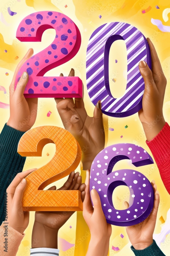 Obraz premium Diverse hands holding colorful 3D numbers forming 2026 for New Year celebration and countdown