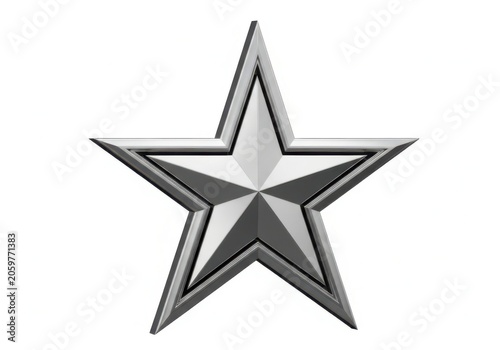 Shiny metallic silver star icon with beveled edges isolated on white background