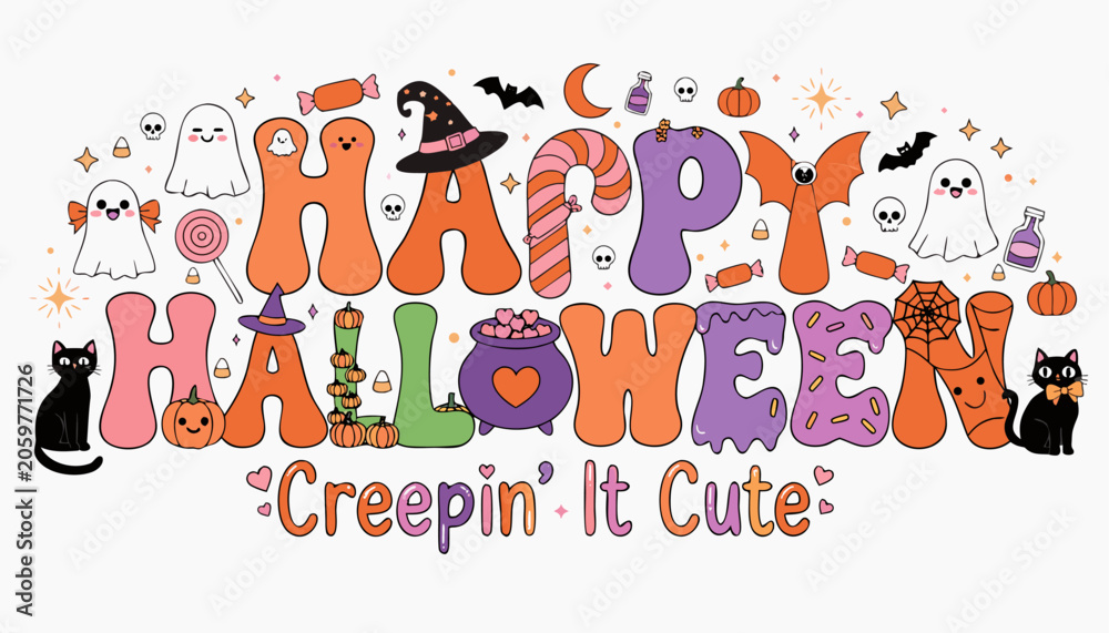 Fototapeta premium Colorful halloween graphic with cute ghosts, cats, and candy