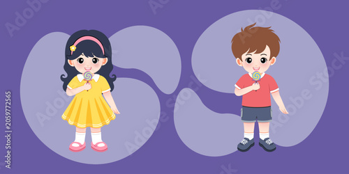 Set of Two children standing and licking lollipop