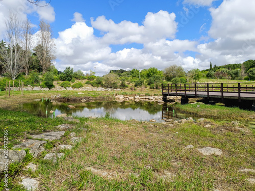 Retention pond in Bela Vista Sul park with suspended structure, Marvila - Lisbon PORTUGAL
