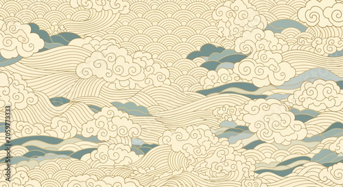 An abstract illustration of clouds and waves with a vintage, artistic aesthetic