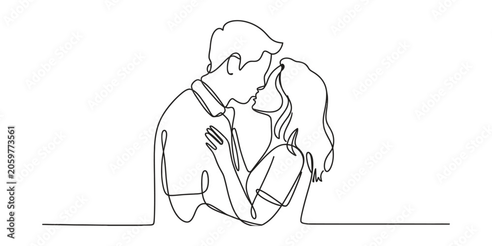 Fototapeta premium Continuous single line drawing of a young couple kissing and hugging