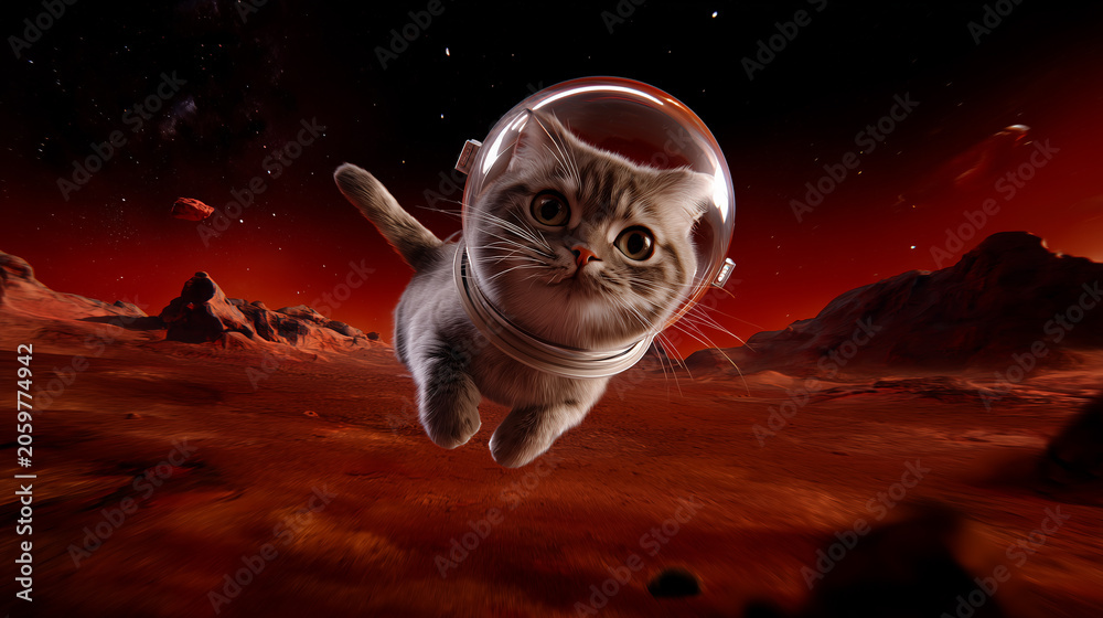 Fototapeta premium A cat wearing a space helmet on Mars.