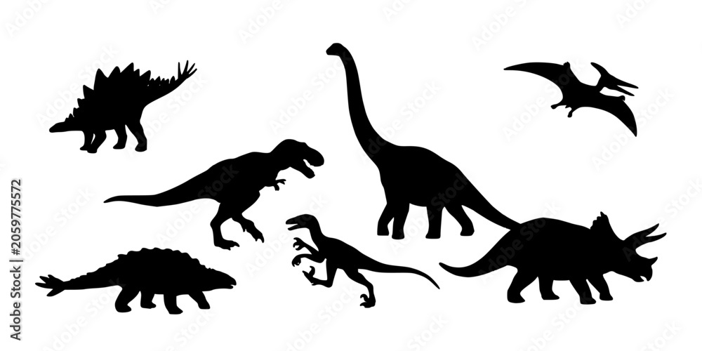 Fototapeta premium Dinosaurs in Various Poses and Styles, Including Silhouettes and Detailed Outlines, Arranged in a Grid Pattern.
