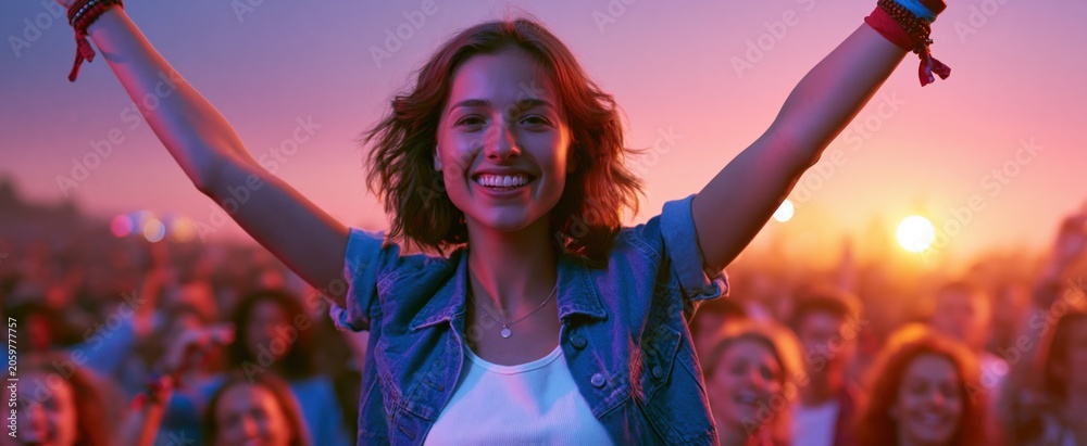 Obraz premium Young woman lifted above lively crowd at vibrant sunset festival celebration with joyful energy and smiling faces.
