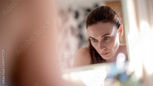 Woman looking closely at her reflection in a mirror indoors during daylight