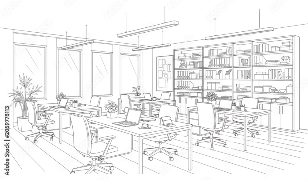 Fototapeta premium Work Room Interior Outline Perspective Vector Illustration