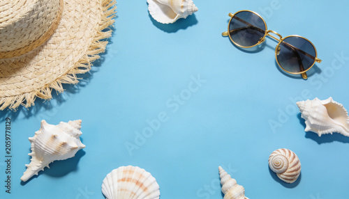 Straw hat and seashell sunglasses against a light blue background, with space left in the middle for adding content.