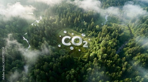 Aerial view of lush green forest with CO2 text and bubbles