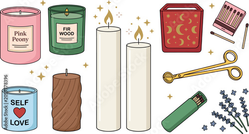 Photos Vector illustration set of scented candles, pillar candles, matchboxes, a golden wick trimmer, and lavender flowers for home decor and wellness