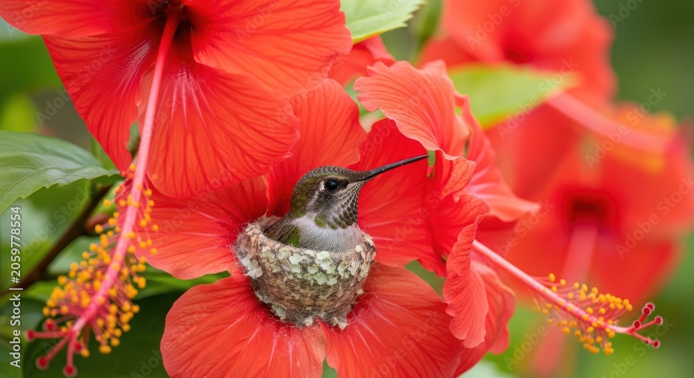 Fototapeta premium Tiny Hummingbird Nesting Inside a Vibrant Red Hibiscus Flower in a Tropical Garden Setting