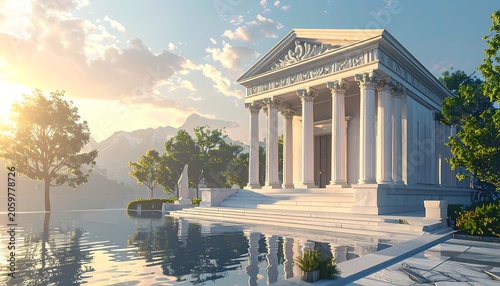 A serene white temple by a tranquil pool at sunset