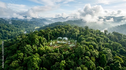 Aerial view of lush green rainforest with CO2 symbol