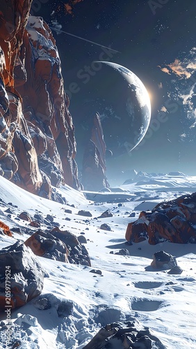 A snowy, rocky landscape with a large moon in the sky