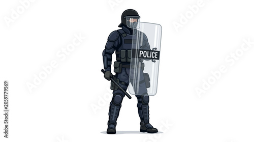 Foto Riot police officer wearing protective gear and holding a clear shield with 'POLICE' label on a white background