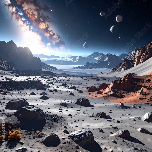 A barren, rocky landscape under a vibrant, celestial sky