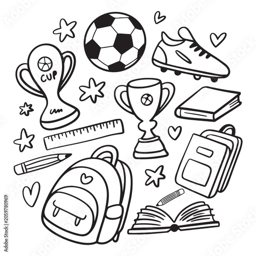 Soccer sport icon set vector illustration collection of football symbols, ball, silhouettes and doodle style design elements