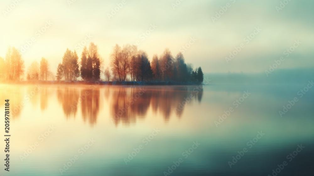 Fototapeta premium Sunrise over calm lake with trees reflected on water surface