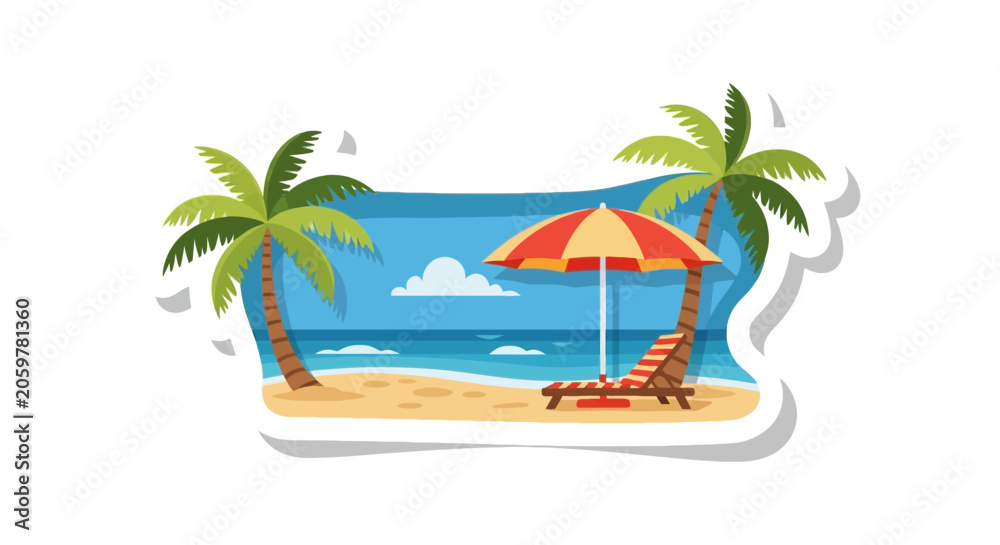 Fototapeta premium Tropical beach sticker with palm trees and sun umbrella
