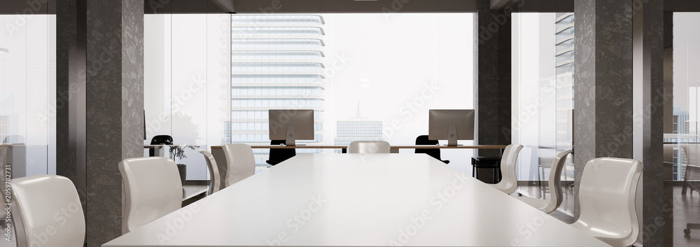 Naklejka premium 3D Render of Modern Corporate Office Workspace with Conference Table and City View