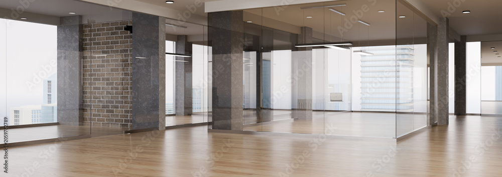 Naklejka premium 3D Render of Modern Empty Office Workspace with Glass Partitions and Hardwood Floor Interior