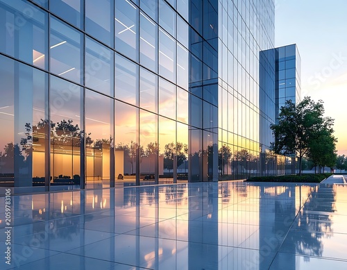 Modern glass office building at sunset with reflective facade