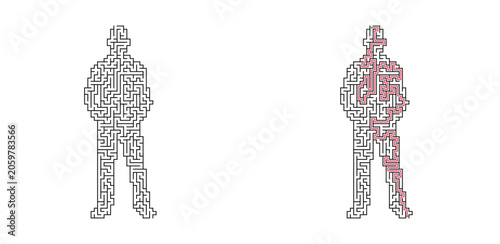 Standing man shaped maze with solution. Male figure silhouette labyrinth, black and white flat vector puzzle game