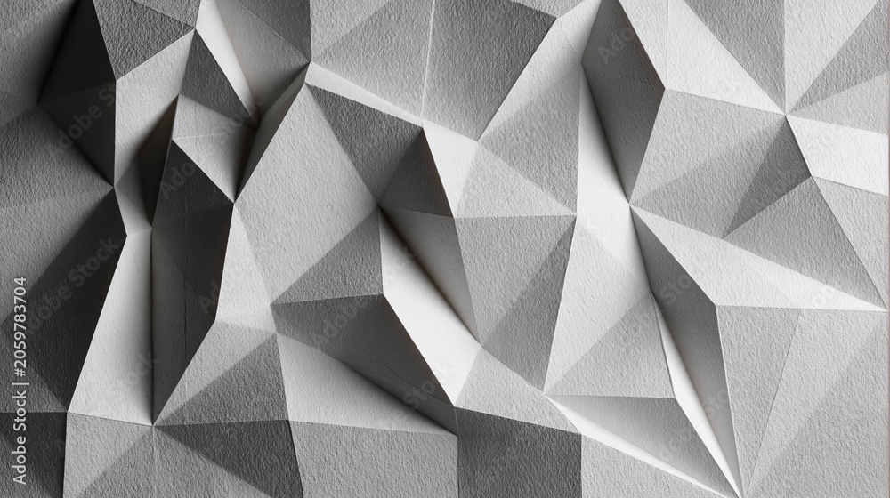 Fototapeta premium Abstract geometric pattern featuring sharp white triangular shapes with textured surfaces and dramatic lighting creating deep shadows across the composition